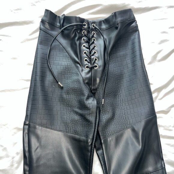 Manière De Voir - Croc Embossed Lace Up Trousers - Black - Picture 1 of 4